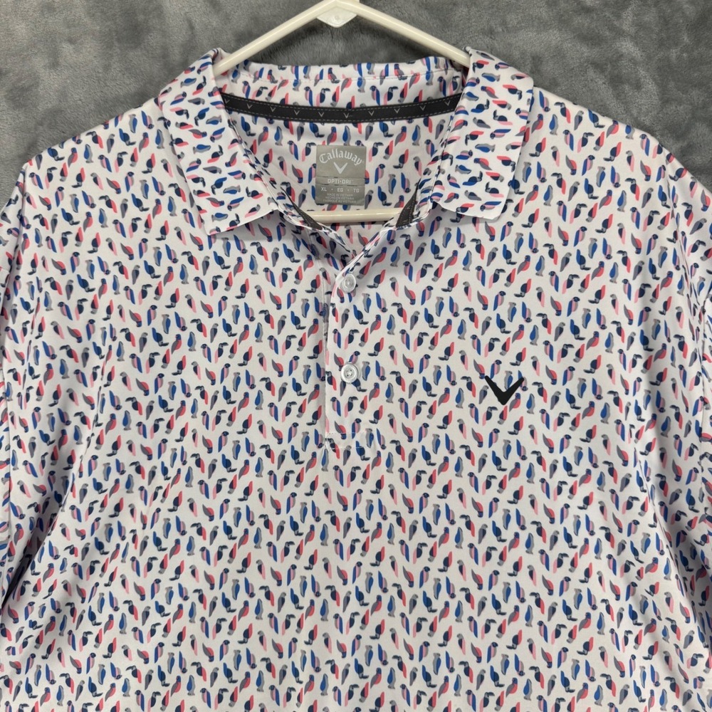 Callaway Golf Polo Shirt Mens XL All Over Parrot Print Short Sleeve Button Up